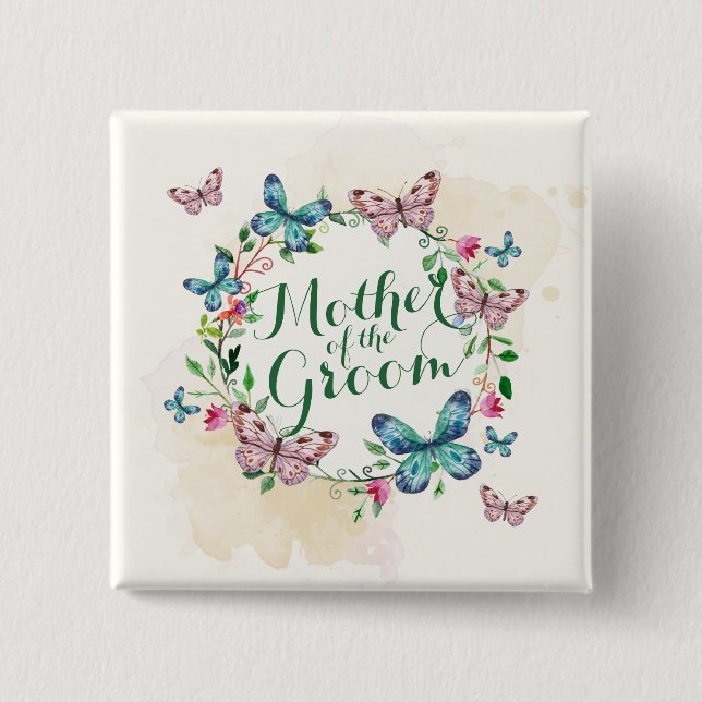 Mother of the Groom Butterfly Wreath Pin Button (Front)