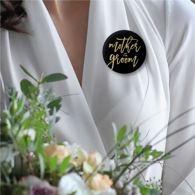 Mother Of The Groom Chic Gold Bridal Party Wedding Button ('Mother of the Groom' Brush Script Calligraphy Wedding Rehearsal Pin Button @ fatfatin_blue_knot)