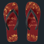 Mother of the Groom Dark Burgundy & Gold Foliage Flip Flops<br><div class="desc">The Mother of the Groom Dark Burgundy & Gold Foliage foliage flip flops have a dark burgundy background that is adorned with an intricate gold floral greenery pattern and customizable modern typography. The combination of the rich burgundy and the shimmering gold create an elegant and luxurious aesthetic. It's a beautiful...</div>