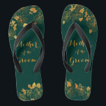 Mother of the Groom Emerald Green & Gold Foliage Flip Flops<br><div class="desc">These gorgeous Mother of the groom emerald green and gold foliage flip flops feature golden foliage pattern and modern typography on timeless dark green background. It's a beautiful gift for your bridal party. View the collection on this page to find matching items. ♥Customize it with your information. ♥ If you...</div>