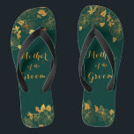Mother of the Groom Emerald Green & Gold Foliage Flip Flops<br><div class="desc">These gorgeous Mother of the groom emerald green and gold foliage flip flops feature golden foliage pattern and modern typography on timeless dark green background. It's a beautiful gift for your bridal party. View the collection on this page to find matching items. ♥Customize it with your information. ♥ If you...</div>