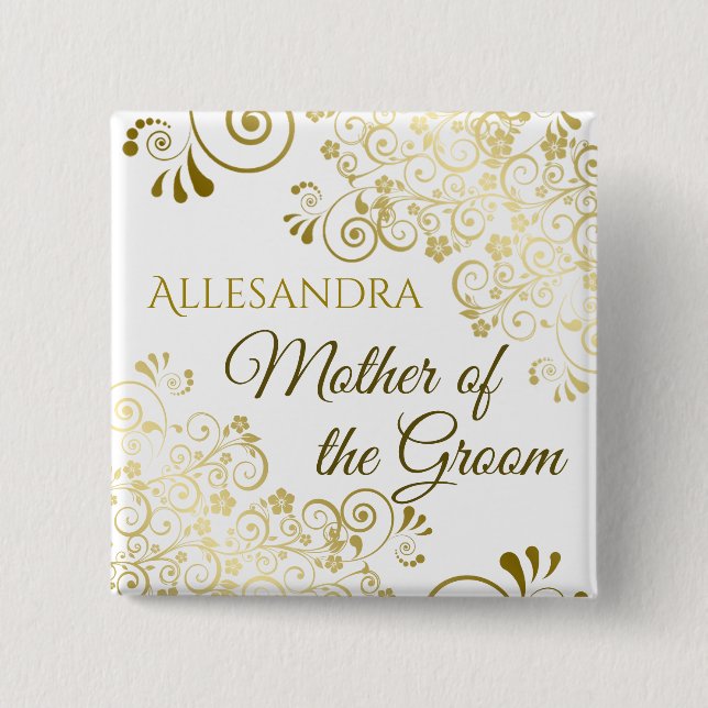Mother of the Groom Gold Lace Wedding Name Button (Front)