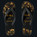 Mother of the Groom Luxury Black & Gold Foliage Flip Flops<br><div class="desc">These gorgeous Mother of the groom black and gold foliage flip flops boasts a luxurious black and gold palette, with a stunning golden floral pattern and modern typography set against a black background, exuding elegance and sophistication. It's a beautiful gift for your bridal party. View the collection on this page...</div>