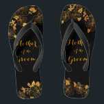 Mother of the Groom Luxury Black & Gold Foliage Flip Flops<br><div class="desc">These gorgeous Mother of the groom black and gold foliage flip flops boasts a luxurious black and gold palette, with a stunning golden floral pattern and modern typography set against a black background, exuding elegance and sophistication. It's a beautiful gift for your bridal party. View the collection on this page...</div>