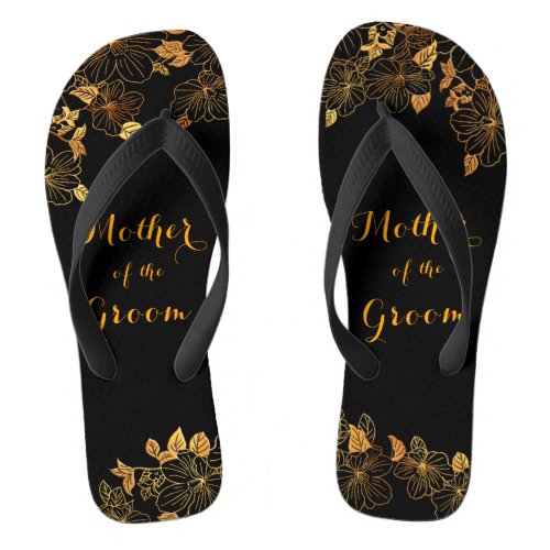 Mother of the Groom Luxury Black  Gold Foliage Flip Flops