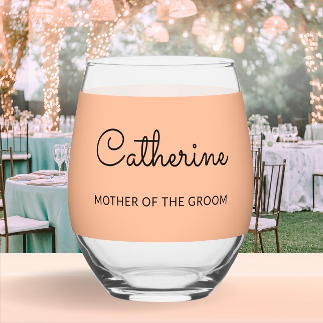 Mother of the Groom Monogrammed Chic Wedding Peach Stemless Wine Glass (A personalized stemless wine glass for the Mother of the Groom, with stylish typography on peach)