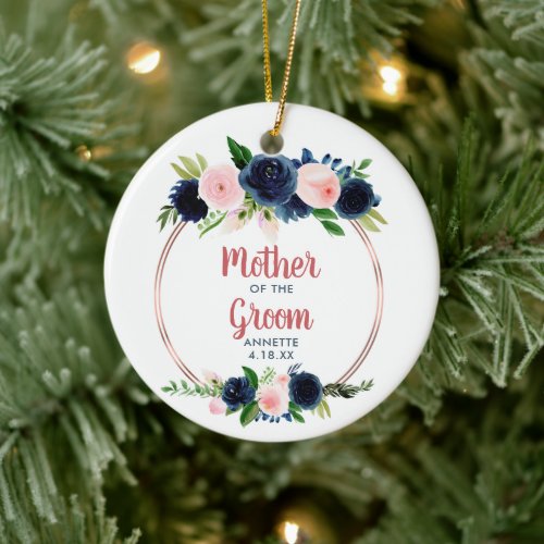 Mother Of The Groom Personalized Navy Blush Roses Ceramic Ornament