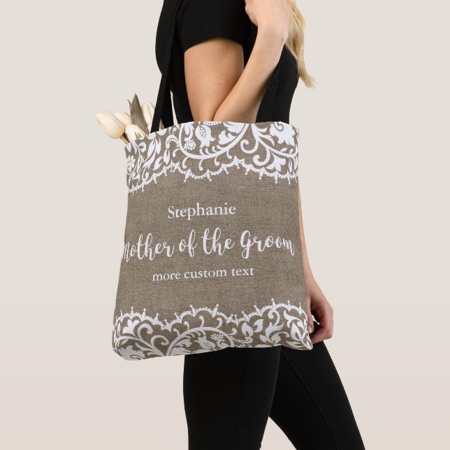 Mother of the Groom Rustic Lace Burlap Custom Tote Bag (Close Up)