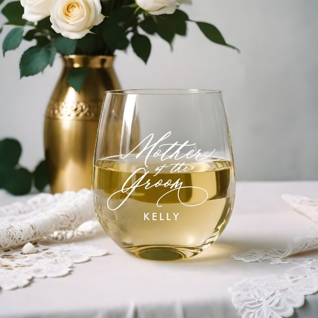 Mother of the Groom Script Name Wedding Party Stemless Wine Glass