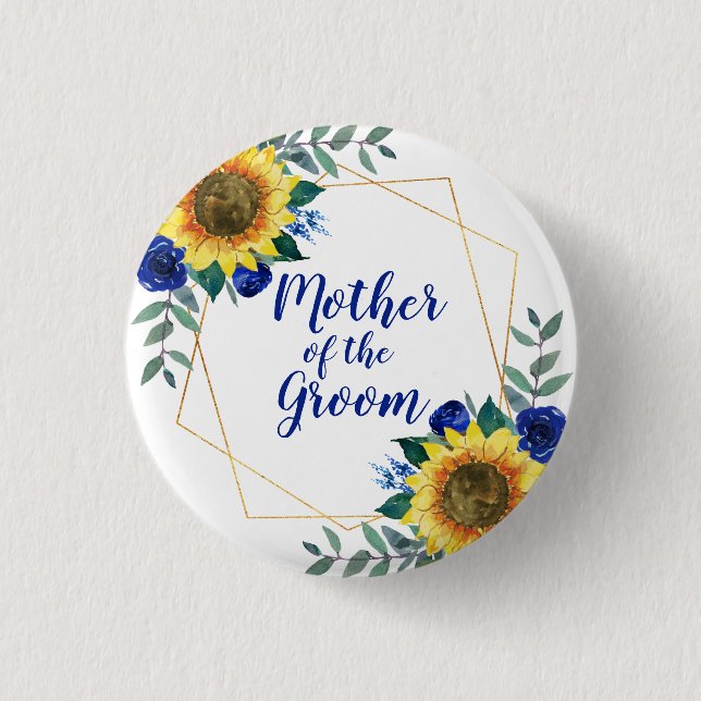Mother of the Groom Sunflower Geometric Blue Button (Front)