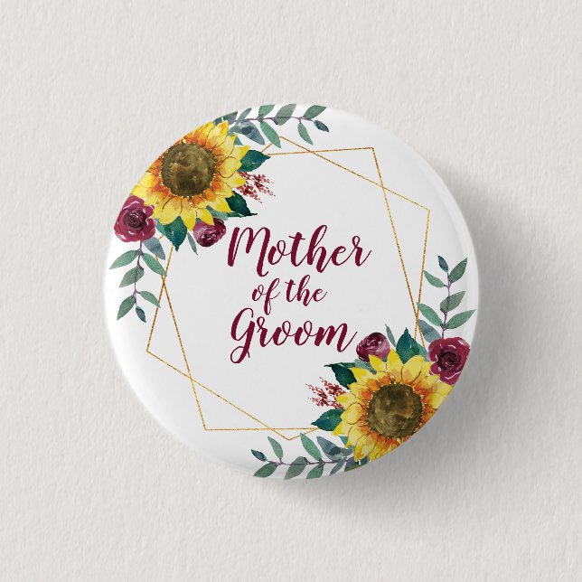 Mother of the Groom Sunflower Geometric Burgundy Button (Front)