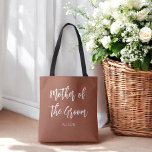 Mother of the Groom Terracotta Brown White  Tote Bag<br><div class="desc">Mother of The Groom Wedding Tote Bag in Burnt Orange,  Brown and White/ Terracotta. Good for Bridesmaid Gifts Weddings,  Bridal Party,  Bachelor party,  Rehearsal Dinner. Check out more products with this design in the collection below.</div>