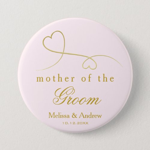 Mother of the Groom  Two Gold Hearts Pink Wedding Button