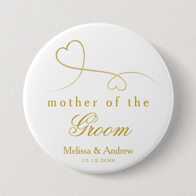 Mother of the Groom | Two Gold Hearts Wedding Button (Front)