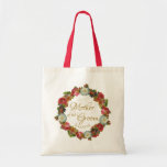 Mother of the Groom Vintage Autumn Flowers Wedding Tote Bag<br><div class="desc">This beautiful tote bag is designed specially for the mother of the groom. The sophisticated boho design features a wreath of vintage flowers including Victorian roses in shades of white,  red,  coral,  pink & plum. The text is a lacy gold script and there is space for her name.</div>