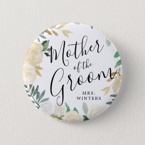Mother of the Groom  White Rose Bouquet Wedding Button