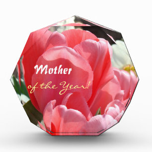 Mother of the Year! award Plaque Pink Tulips