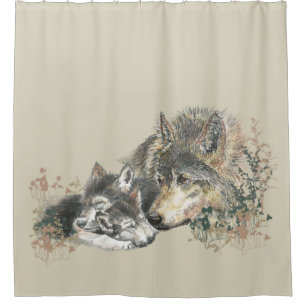 Mother or Father Wolf with Cubs Watercolor Shower Curtain