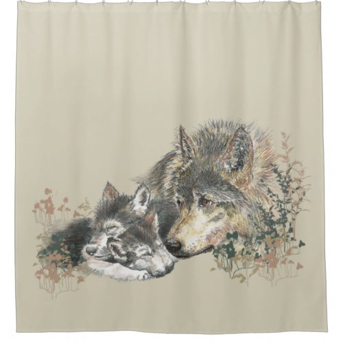 Mother or Father Wolf with Cubs Watercolor Shower Curtain