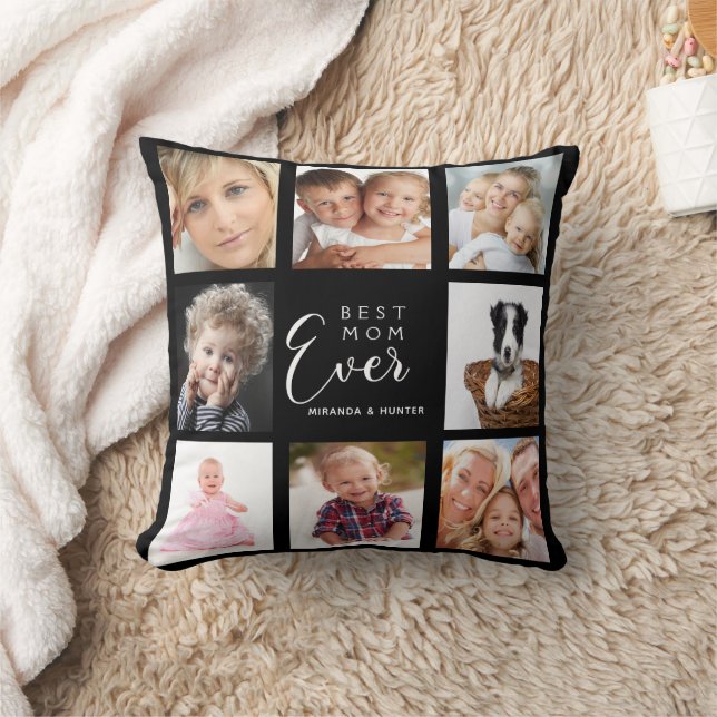 Mother photo collage black kids name throw pillow (Blanket)
