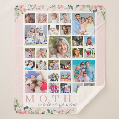MOTHER Photo Collage Floral Blush Pink Sherpa Blanket