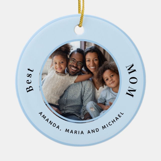 Mother photo light blue names ceramic ornament (Front)