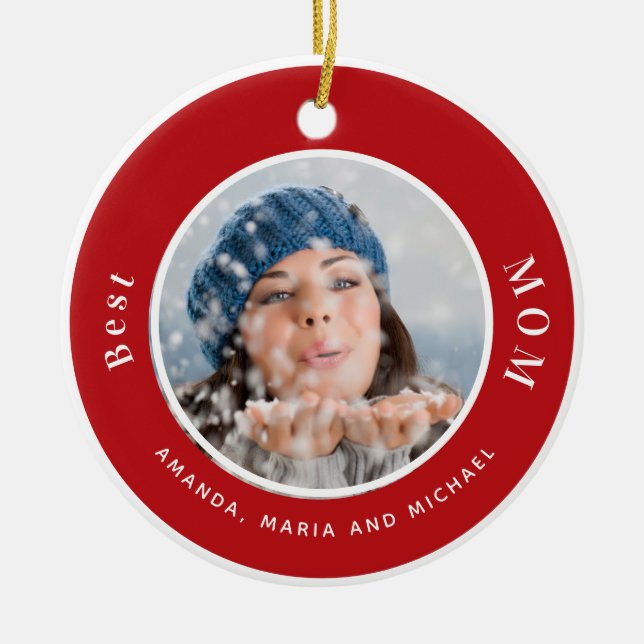 Mother photo red white kids names ceramic ornament (Front)