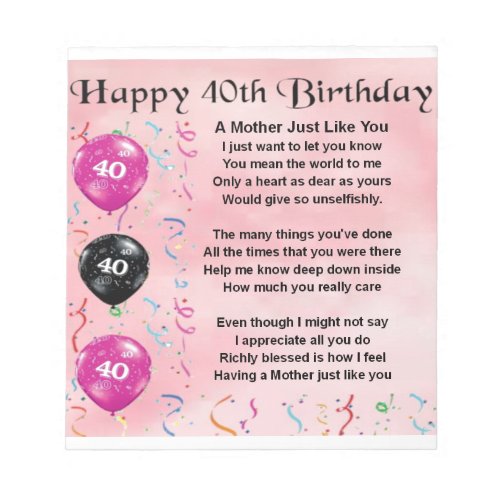 Mother Poem _ 40th Birthday Notepad