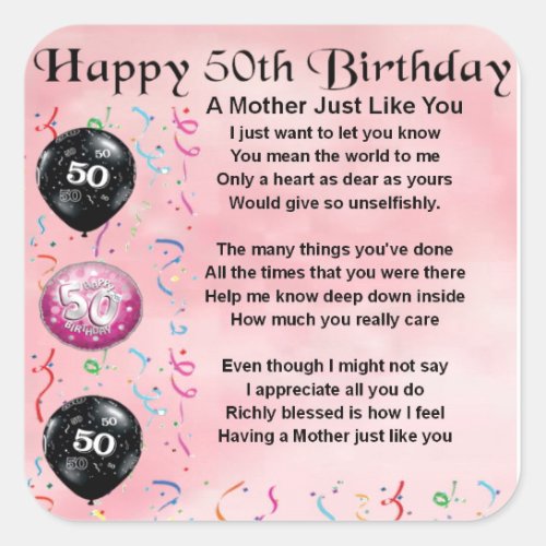 Mother Poem  _  50th Birthday Square Sticker