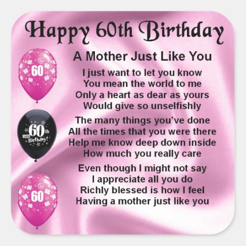 Mother Poem _ 60th Birthday Square Sticker