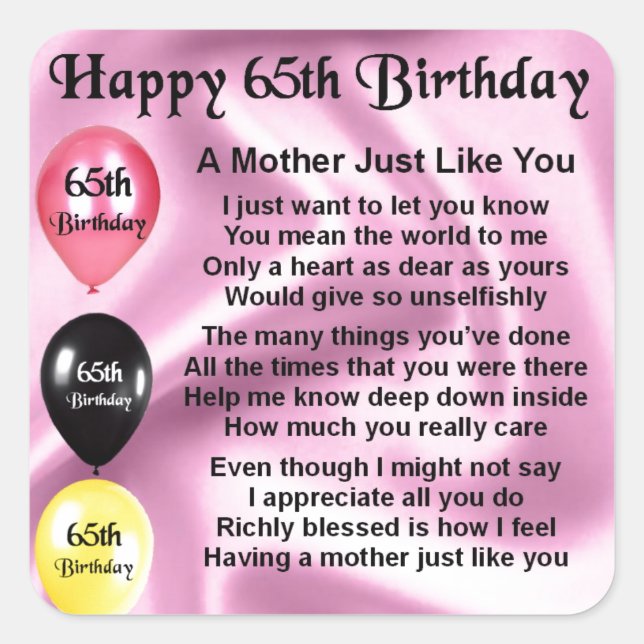 Mother Poem  -  65th Birthday Square Sticker (Front)