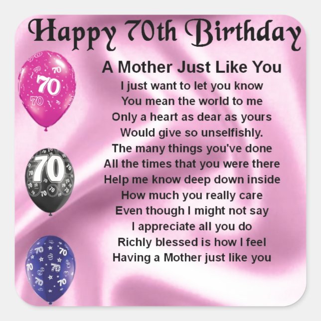 Mother Poem - 70th Birthday Square Sticker (Front)