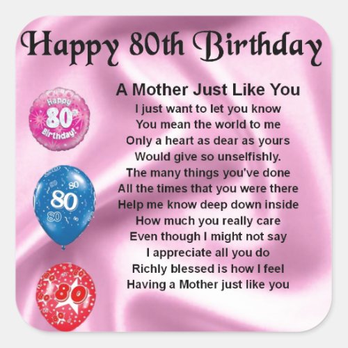 Mother Poem  _  80th Birthday Square Sticker