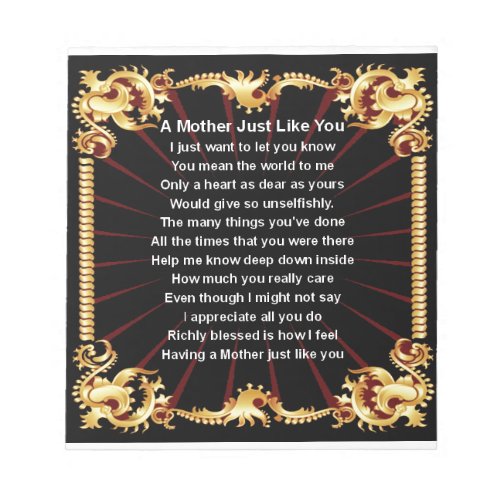 Mother Poem  _  Black Design Notepad