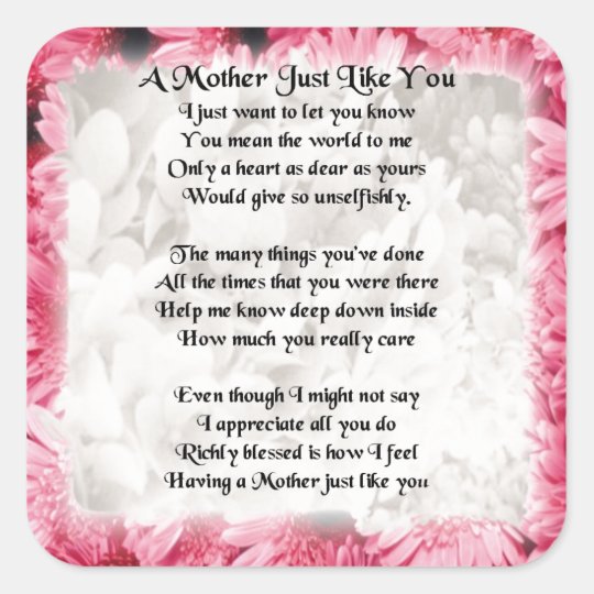 Mother Poem - Pink Floral Design Square Sticker | Zazzle.com