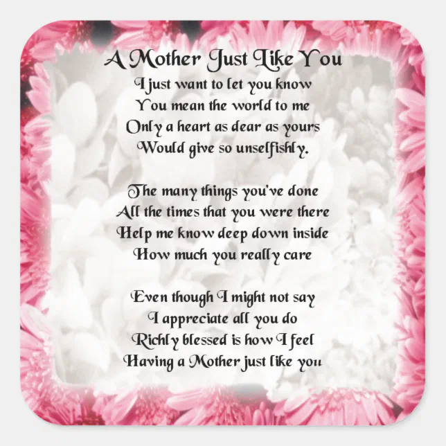 Mother Poem - Pink Floral Design Square Sticker | Zazzle