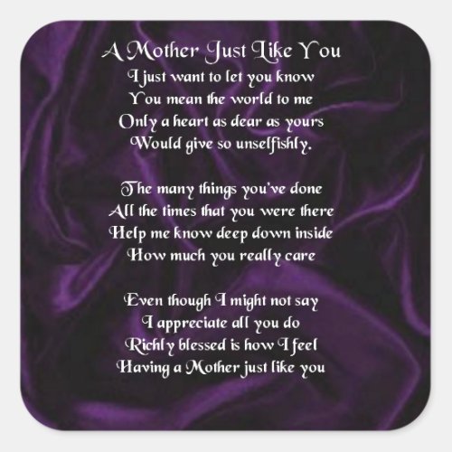 Mother  Poem _ Purple Silk Square Sticker