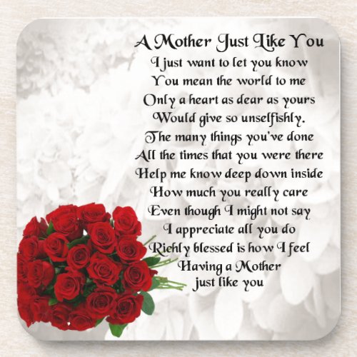 Mother Poem  _  Red Roses Design Beverage Coaster