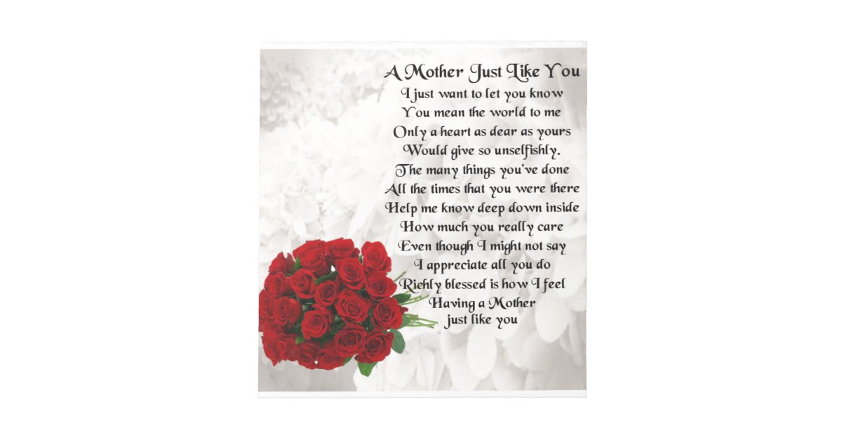 Mother Poem Red Roses Design Notepad Zazzle
