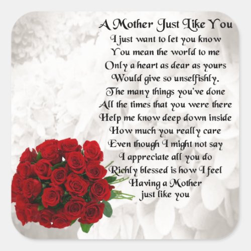 Mother Poem  _  Red Roses Design Square Sticker