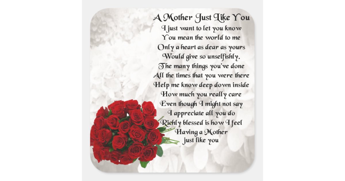 Mother Poem Red Roses Design Square Sticker Zazzle