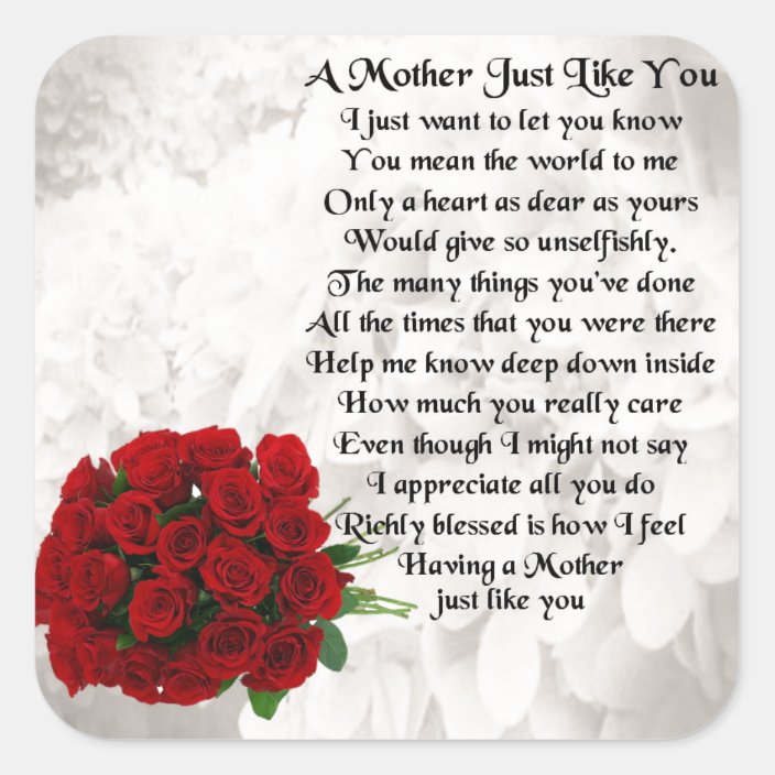 Mother Poem - Red Roses Design Square Sticker | Zazzle.com