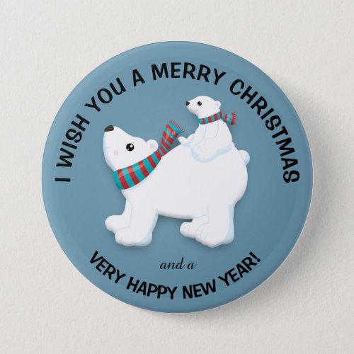 Mother Polar Bear and Cub on Blue Merry Christmas Pinback Button