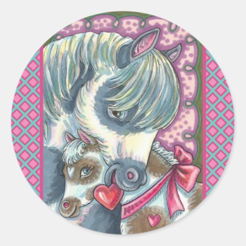 MOTHER PONY  HER CUTE VALENTINE FILLY HORSE CLASSIC ROUND STICKER