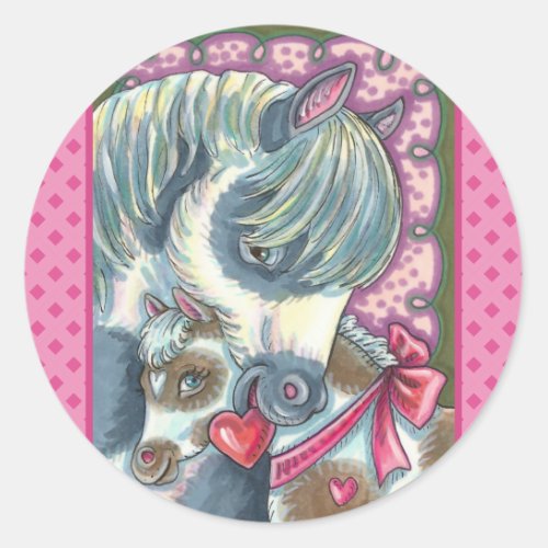 MOTHER PONY  HER CUTE VALENTINE FILLY HORSE CLASSIC ROUND STICKER