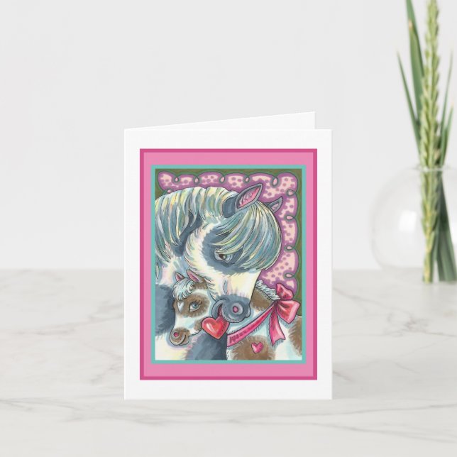 MOTHER PONY & HER CUTE VALENTINE FILLY, HORSE HOLIDAY CARD (Front)