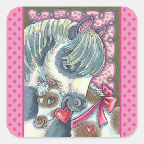 MOTHER PONY  HER CUTE VALENTINE FILLY HORSE SQUARE STICKER