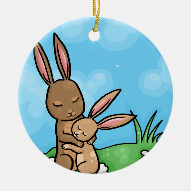 Mother Rabbit and Baby Bunny hug Ceramic Ornament (Front)