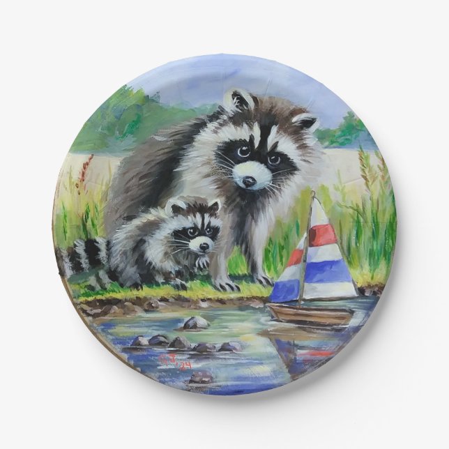 Mother Raccoon, Baby and Toy Boat Paper Plates (Front)