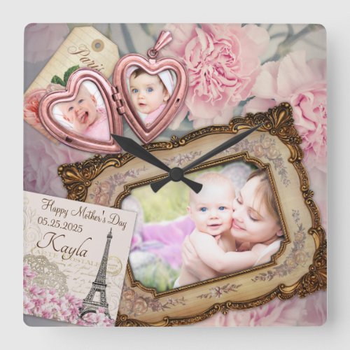 Motherâs Day Antique Pink Heart Locket Your Photos Square Wall Clock